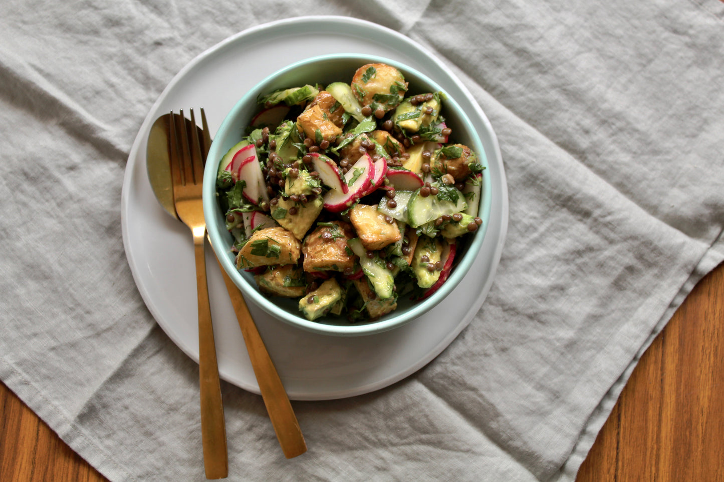 ROASTED POTATO, AVOCADO + HERB SALAD WITH LENTILS