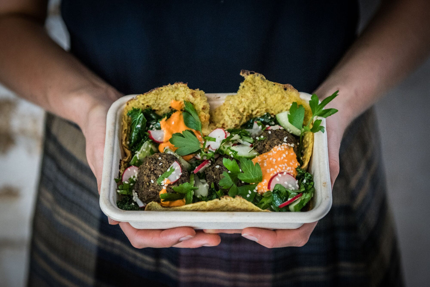 EGGPLANT + LENTIL BALLS WITH ROASTED VEGETABLE SALAD + ROASTED CAPSICUM TAHINI SAUCE