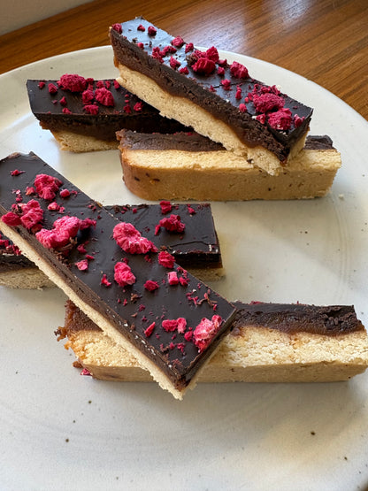 ALMOND BUTTER CARAMEL SLICE WITH RASPBERRY