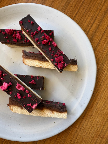 ALMOND BUTTER CARAMEL SLICE WITH RASPBERRY