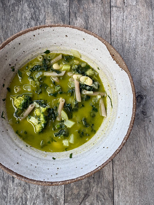 GREEN MINESTRONE WITH PESTO, WHITE BEANS + LENTILS