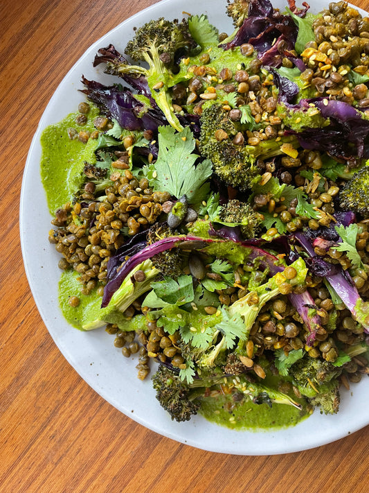 ROASTED BROCCOLI, SPICED LENTIL + CHIMICHURRI SALAD