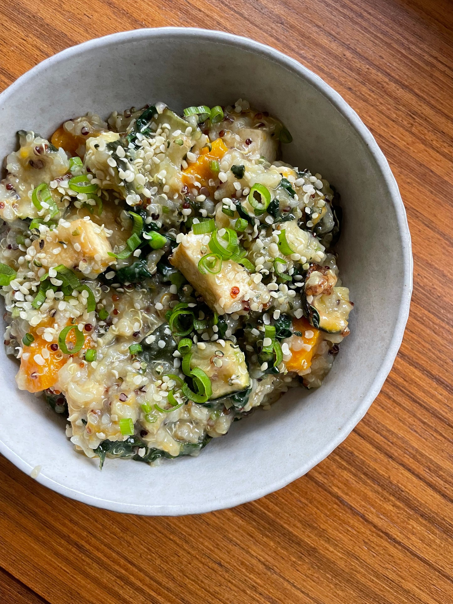 CONGEE WITH ROASTED PUMPKIN, ZUCCHINI, KALE + TAMARI TOFU