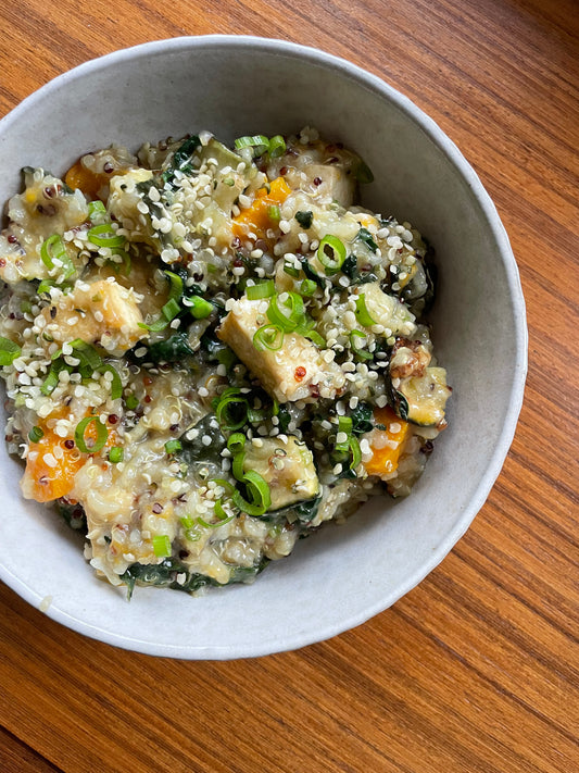 CONGEE WITH ROASTED PUMPKIN, ZUCCHINI, KALE + TAMARI TOFU