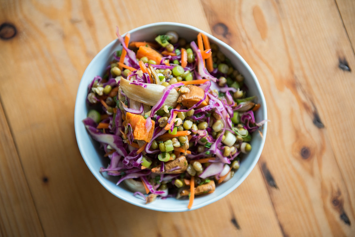 ROASTED SWEET POTATO + FENNEL WITH MUNG BEANS, HERBS + LEMON DRESSING